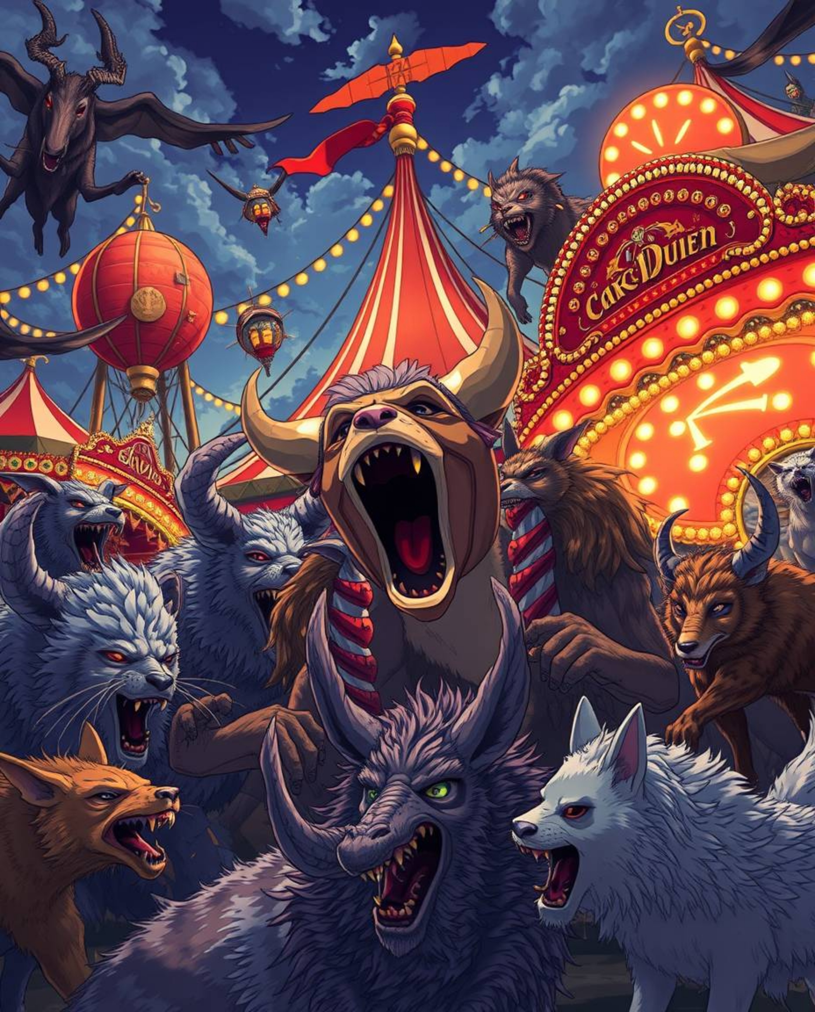 Imagine a vibrant carnival suddenly overrun by wild animals, captured in the distinct Isekai anime style. This expressive com