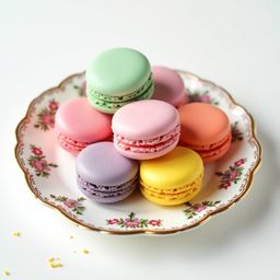 A captivating still life image featuring a vibrant assortment of macarons meticulously arranged on a delicate fine china plat