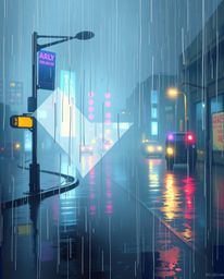 An elegant digital painting showcases a wet rainy scene bursting with iridescent colors and reflective surfaces.  Subtle glit