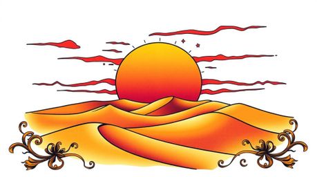 This captivating art print showcases a symbolic traditional tattoo design inspired by a desert sunset.  Imagine golden dunes 