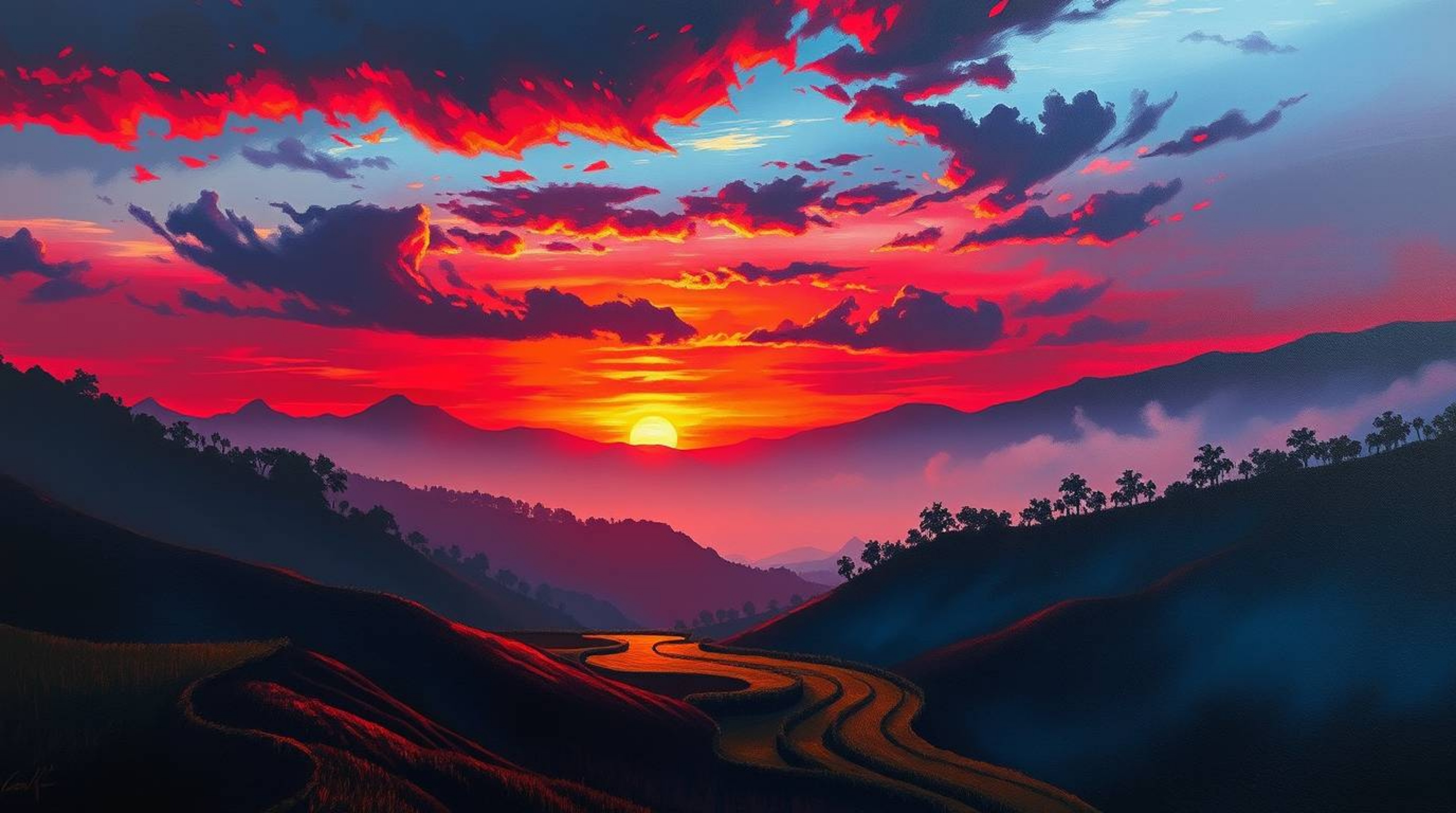 A captivating oil painting portrays a breathtaking sunset over majestic mountainous rice terraces.  The rich burgundy and dee