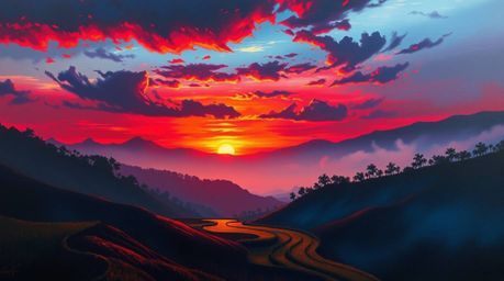 A captivating oil painting portrays a breathtaking sunset over majestic mountainous rice terraces.  The rich burgundy and dee