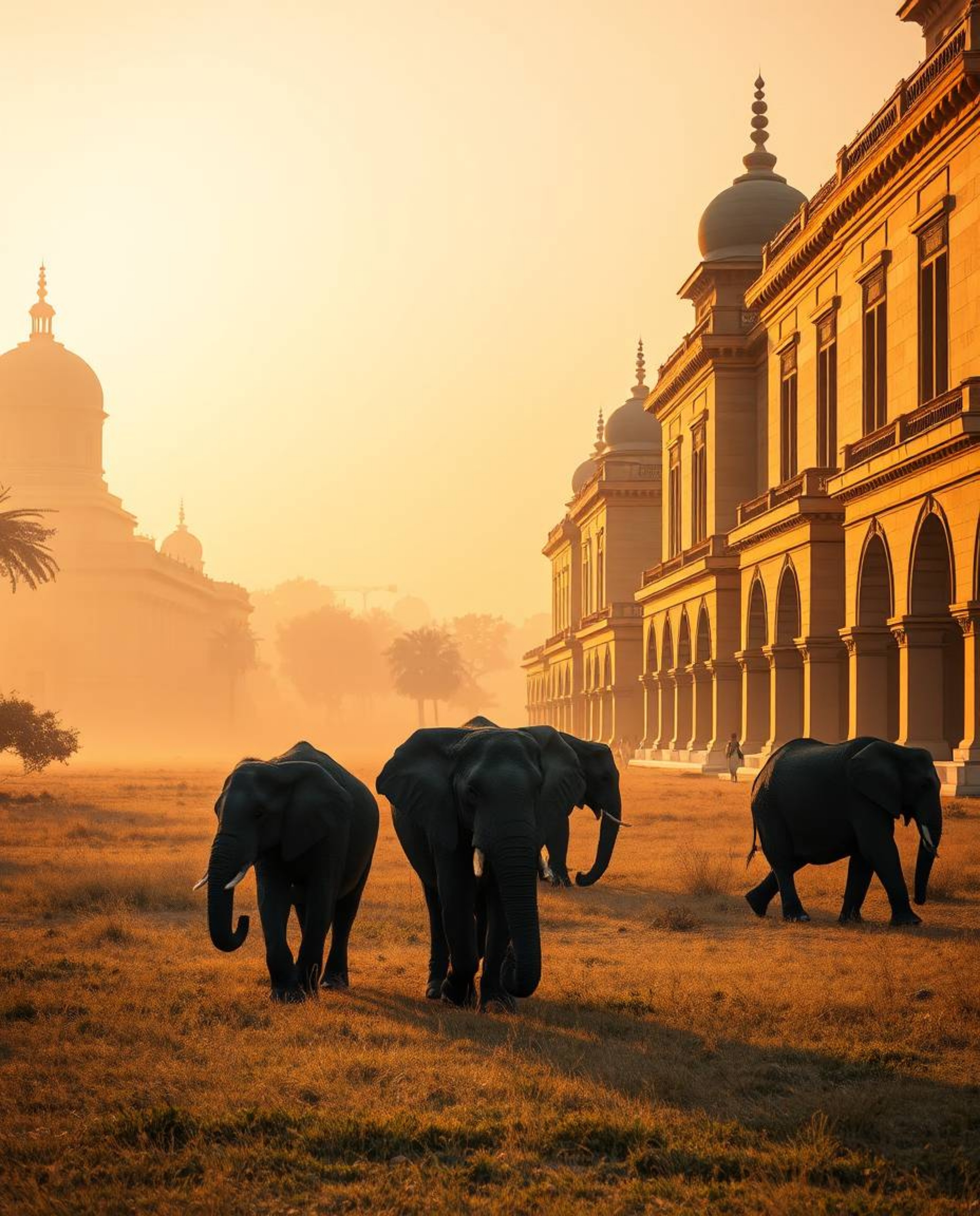 This is a precise architectural photograph capturing elephants walking across a field at sunset. The image is defined by its 