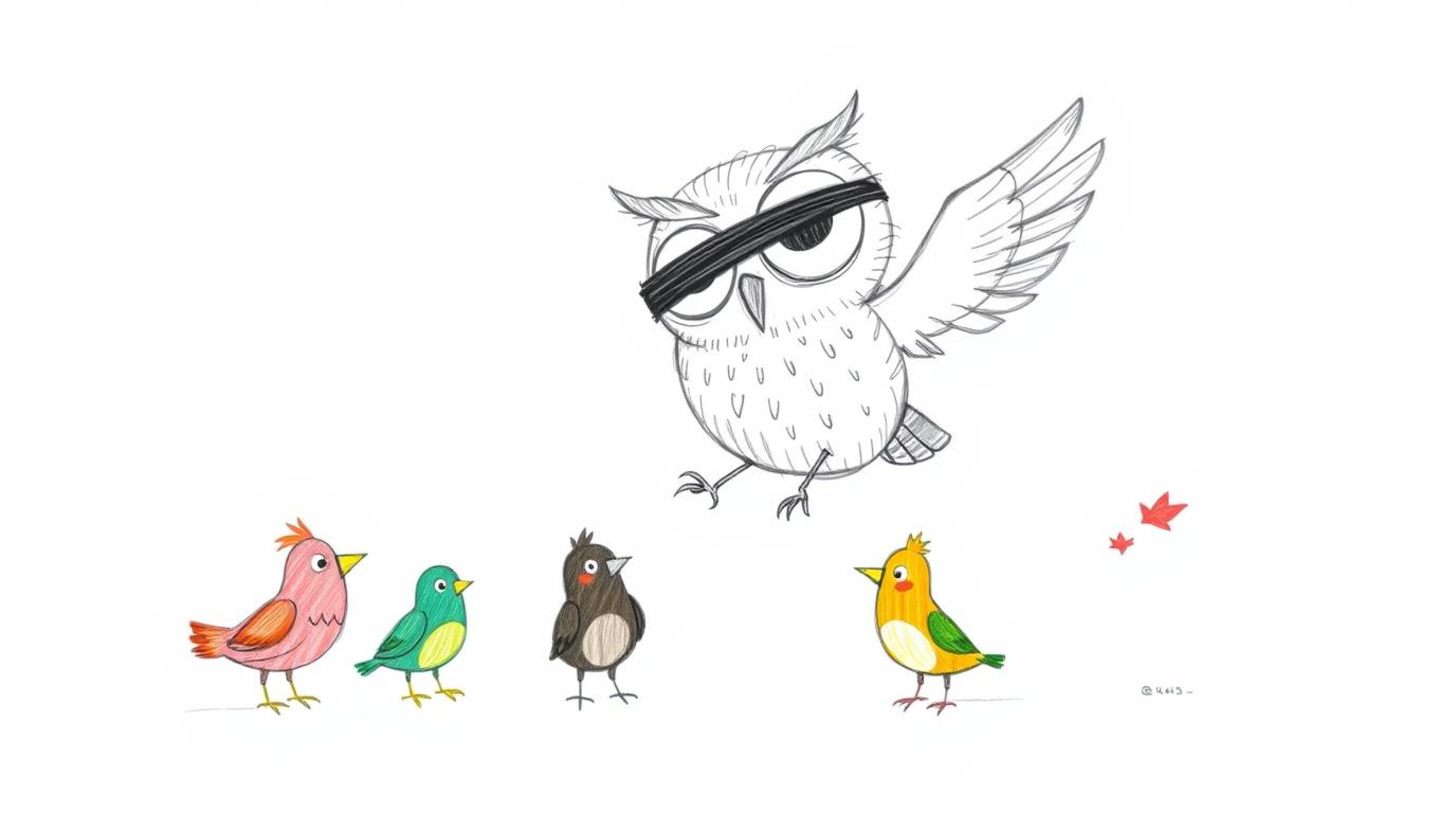 A charming, hand-drawn sketch, inspired by Pixar animation, depicts a blind owl with large, expressive eyes lovingly guiding 
