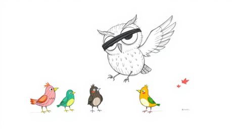 A charming, hand-drawn sketch, inspired by Pixar animation, depicts a blind owl with large, expressive eyes lovingly guiding 
