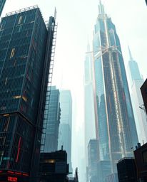 A captivating architectural photograph showcases a grand, epic scene of a glitchy digital landscape. Distorted skyscrapers pi
