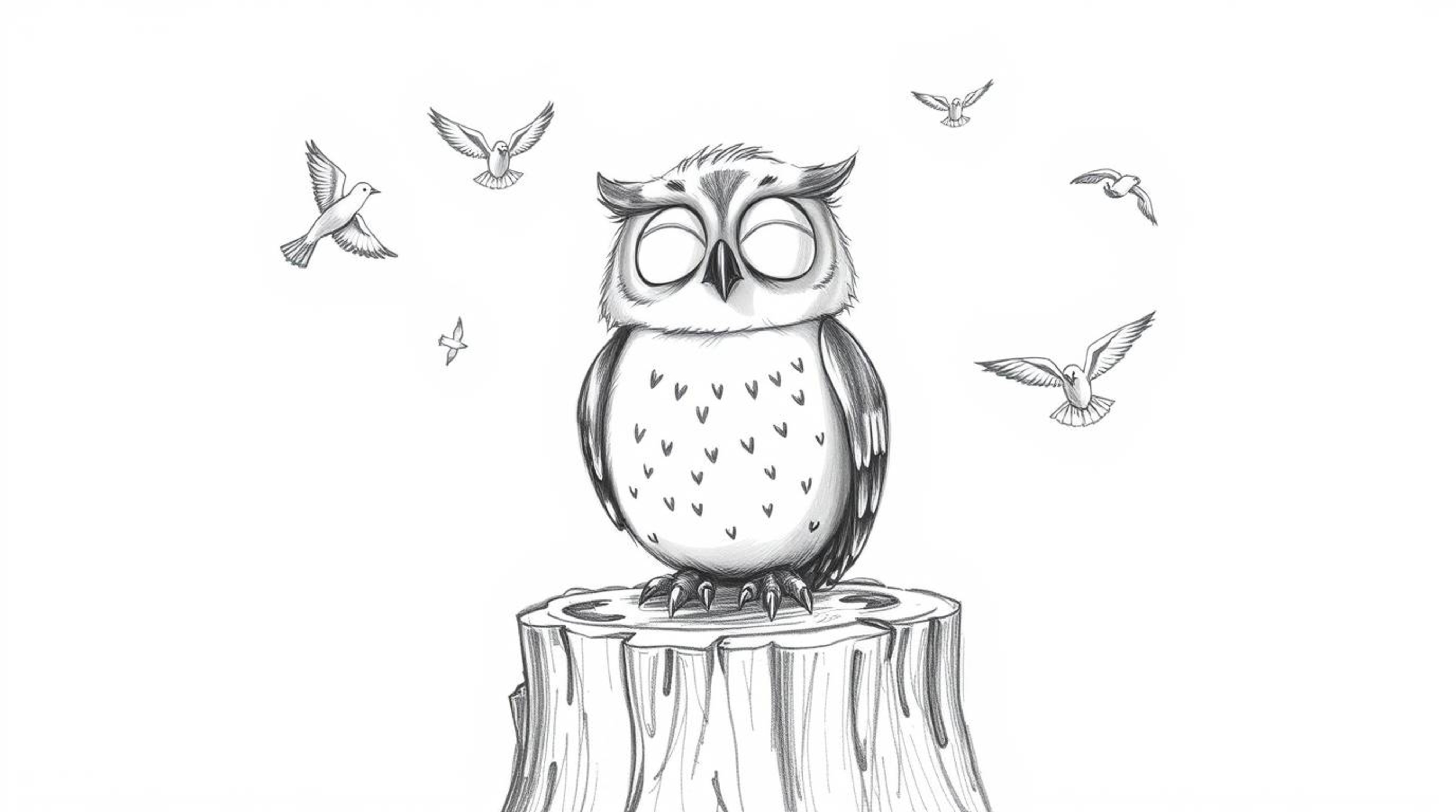 This Pixar-style hand-drawn sketch depicts a heartwarming scene of a blind owl, with soft feathery texture and expressive pos