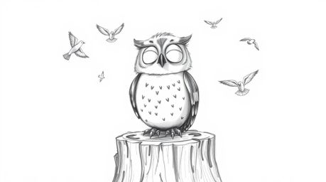 This Pixar-style hand-drawn sketch depicts a heartwarming scene of a blind owl, with soft feathery texture and expressive pos