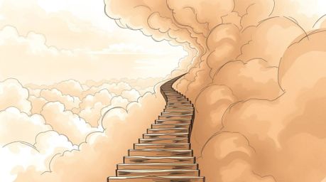 A color sketchnote style illustration utilizing natural earth tones of browns and beiges portrays a winding stairway construc