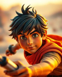 Embark on a thrilling Disney-style desert adventure with a brave hero rendered in electric vivid colors. The composition feat
