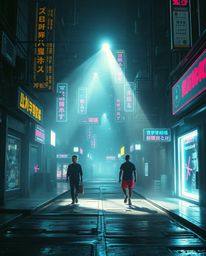 Explore a futuristic cyberpunk street scene rendered in a pixelated glitch style, bathed in a neon haze and harsh, direct sha