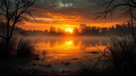 A captivating image of a calm pond reflecting a vibrant autumn sunset. The scene evokes an eerie, creepy atmosphere, masterfu