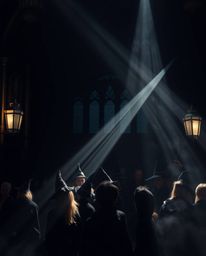 Explore a magical school bathed in volumetric lighting, showcasing young wizards amidst an atmosphere of intense jet black hu
