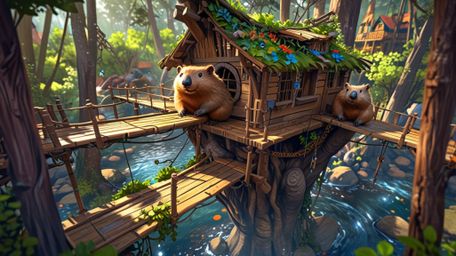 In a whimsical scene that blends the styles of Pixar and anime, a beaver is depicted building the perfect treehouse for orpha