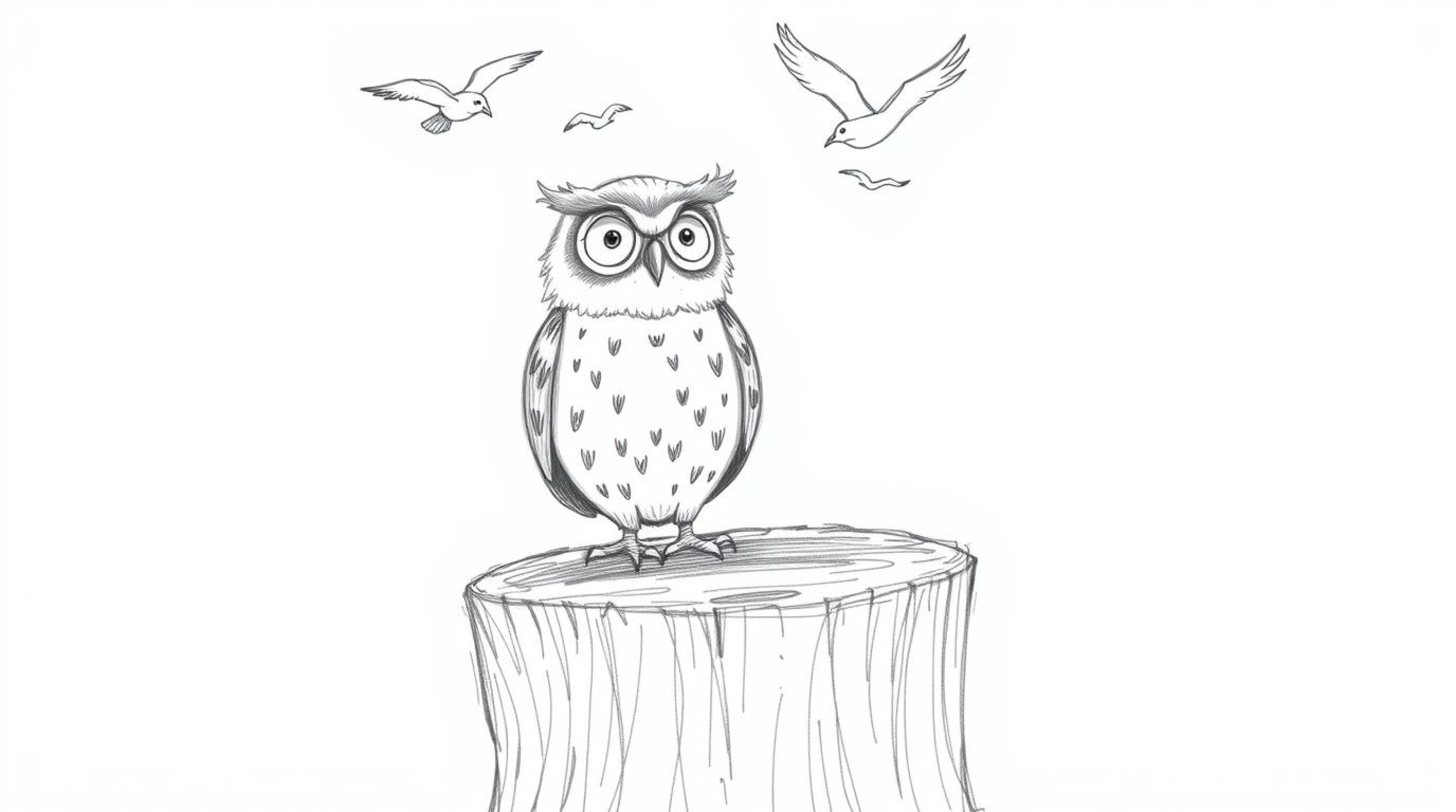 A charming hand-drawn pencil sketch in the style of Pixar depicts a blind owl teacher with expressive eyes, perched on a text