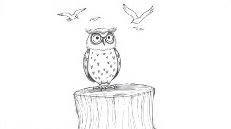 A charming hand-drawn pencil sketch in the style of Pixar depicts a blind owl teacher with expressive eyes, perched on a text