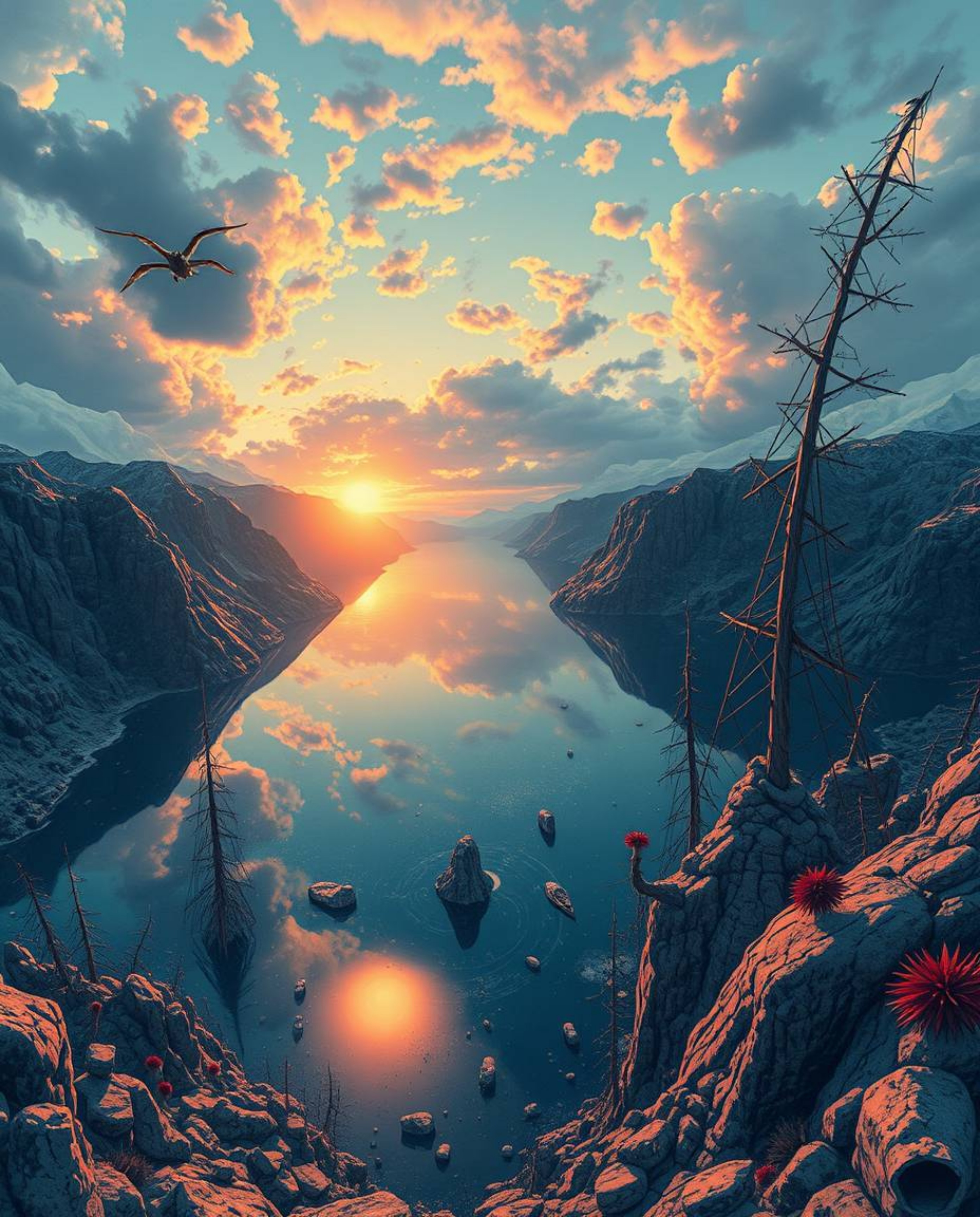 A surreal bird’s-eye view illustration of a glassy fjord reflecting a sunset. This artwork incorporates fantastical elements 