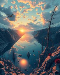 A surreal bird’s-eye view illustration of a glassy fjord reflecting a sunset. This artwork incorporates fantastical elements 