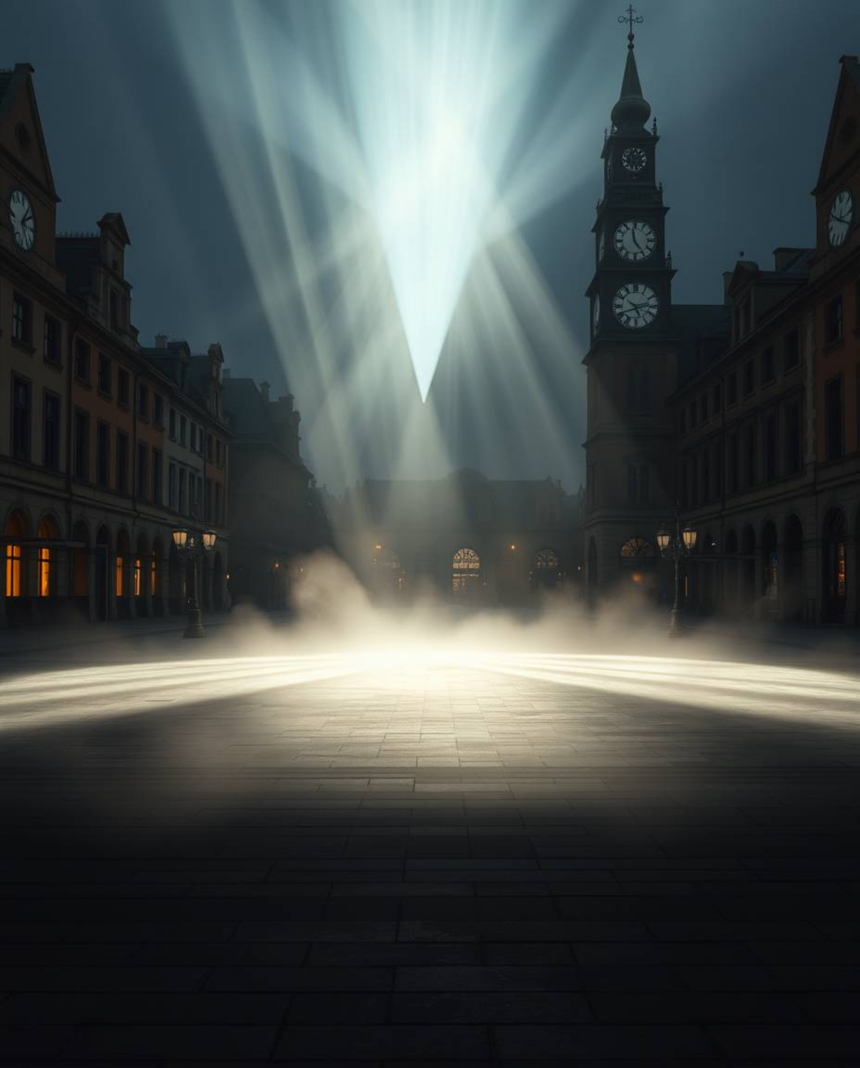 Volumetric lighting bathes an empty town square, where the rhythmic ticking of clocks echoes in the silence.  The image focus
