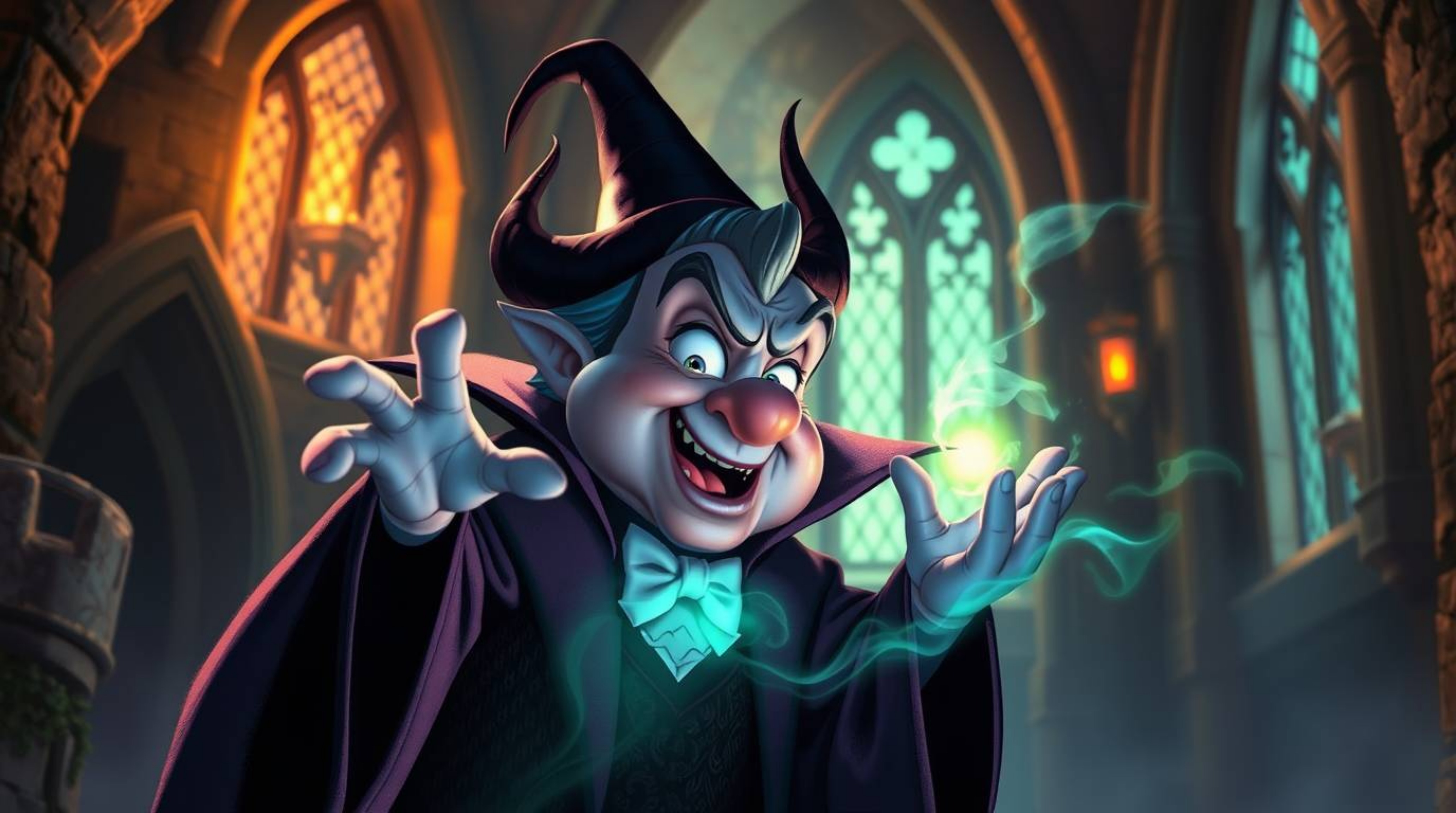 Discover a captivating digital painting of an enchanting Disney villain casting a spell within an ancient castle.  Biolumines