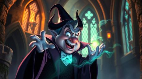 Discover a captivating digital painting of an enchanting Disney villain casting a spell within an ancient castle.  Biolumines