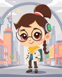 Discover a charming illustration of a young inventor girl in a futuristic city, rendered in a delightful Pixar-like style. Th