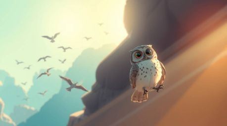 Experience a heartwarming Pixar-style illustration featuring a blind owl, its feathers adorned in soft, cool hues of blues, g