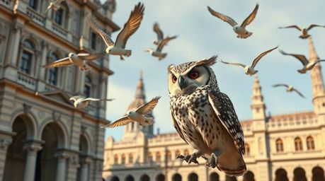 A meticulously detailed, Pixar-style color photograph depicts a blind owl in an architectural setting, passionately teaching 
