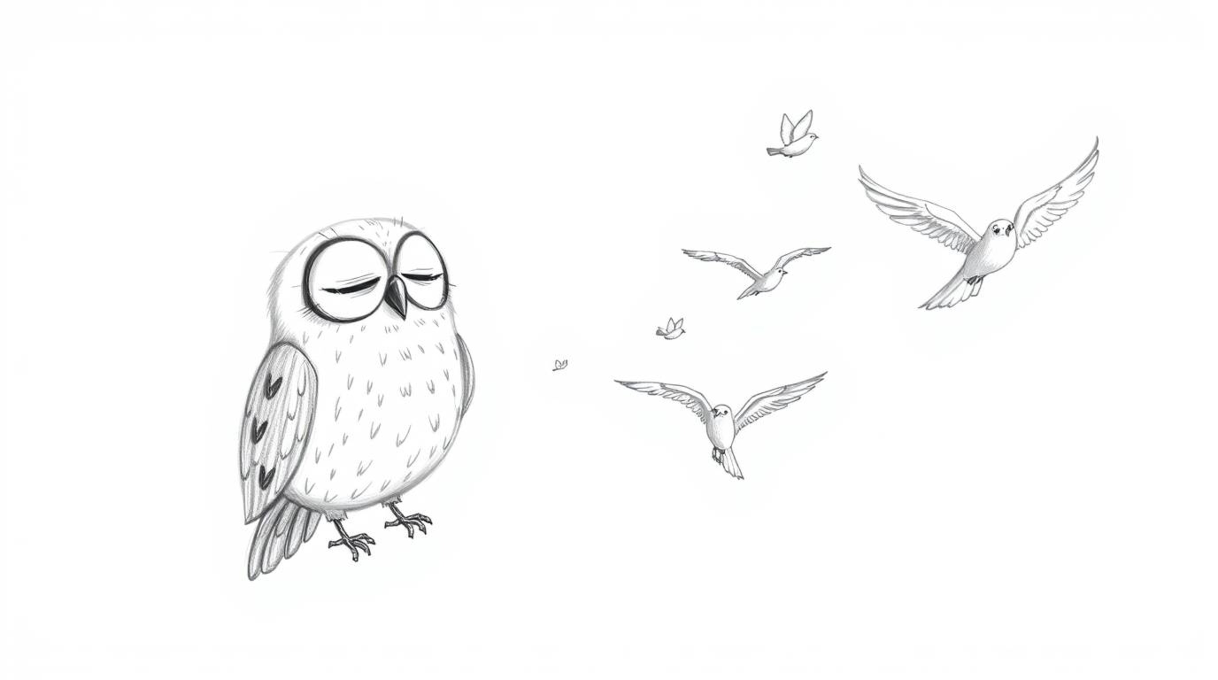 A heartwarming hand-drawn sketch in the style of Pixar portrays a wise, blind owl gently guiding a flock of birds to fly.  Un