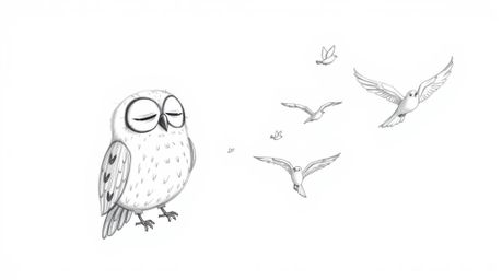 A heartwarming hand-drawn sketch in the style of Pixar portrays a wise, blind owl gently guiding a flock of birds to fly.  Un