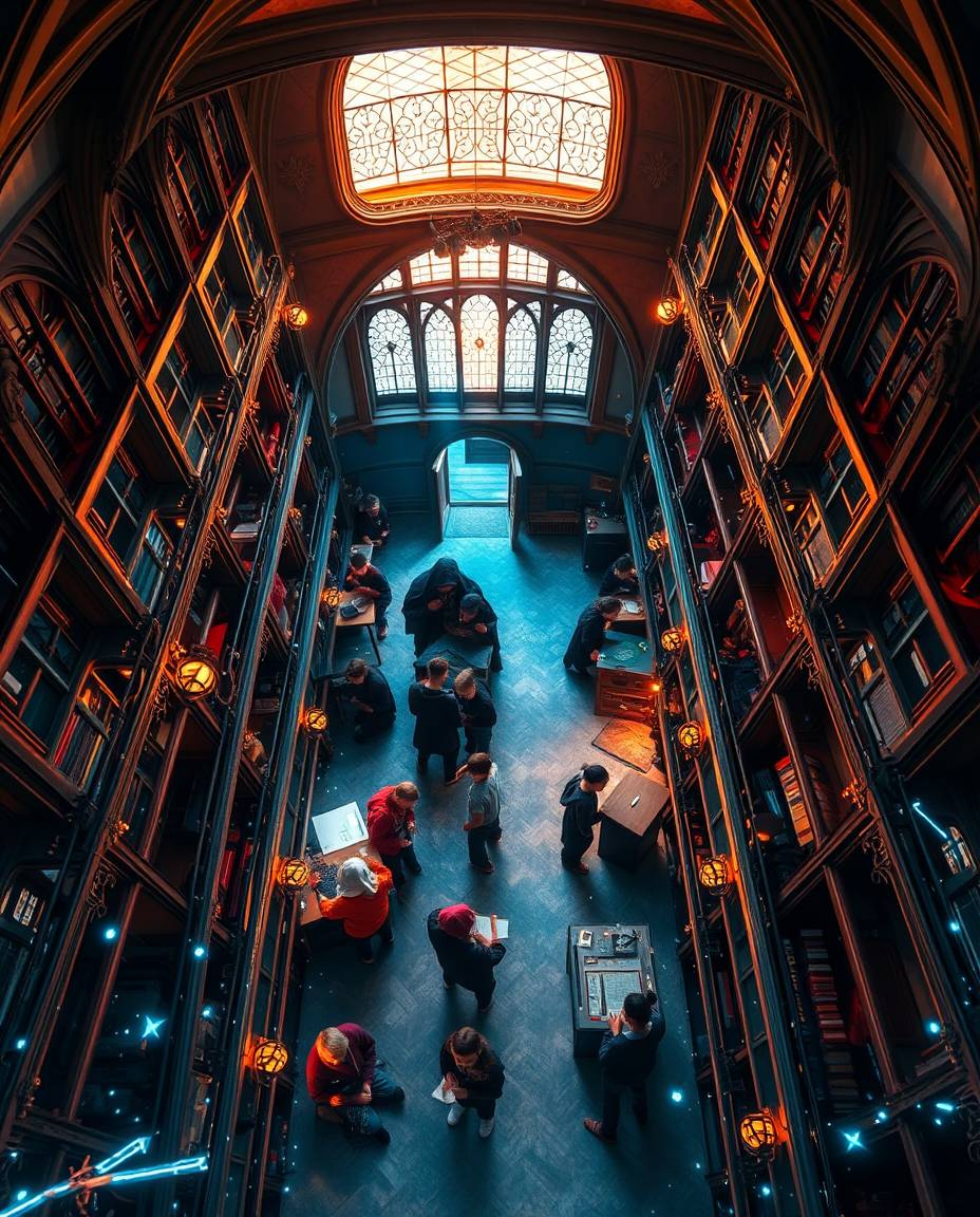 Explore a bird's eye view of a magical school teeming with young wizards, adorned with creative light art and abstract patter
