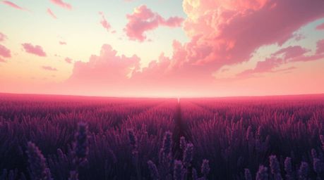 Immerse yourself in a surreal digital painting featuring a vibrant lavender field bathed in the glow of a dreamy pink sky. Th