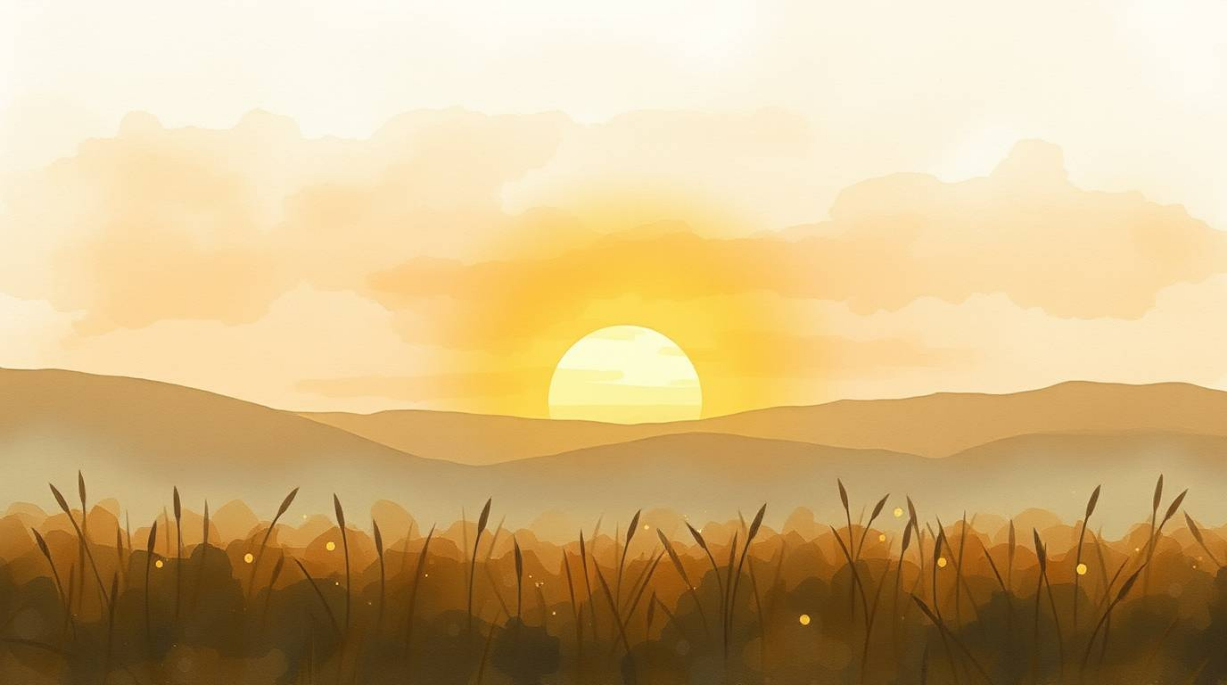 A delicate watercolor painting capturing a serene sunset over a tranquil meadow, as fireflies begin to emerge. The artwork ut