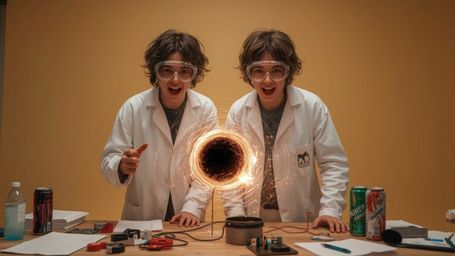 A brightly lit, cinematic photograph, reminiscent of Pixar's vibrant, stylized aesthetic, captures two ecstatic science fair 
