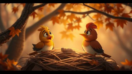 A captivating cinematic scene depicts two charming cartoon birds diligently constructing their nest. Rendered in a classic a