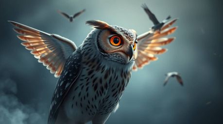 A high-resolution stock photo showcasing a blind owl, rendered in a Pixar-style aesthetic, compassionately teaching birds how