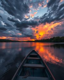 A boat is depicted on a lake at sunset under a dramatic, stormy sky. The scene is characterized by intense complementary colo