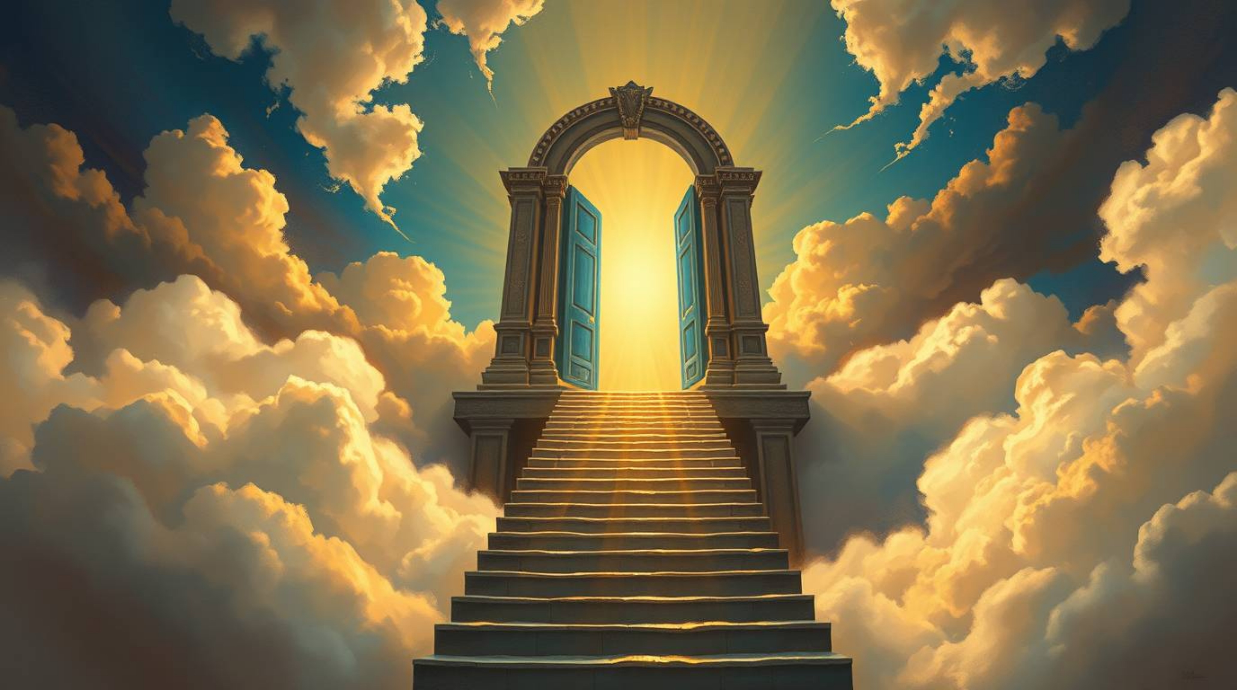 A captivating fantasy realism painting depicts a heavenly gate soaring above a sea of clouds.  Golden light cascades down the