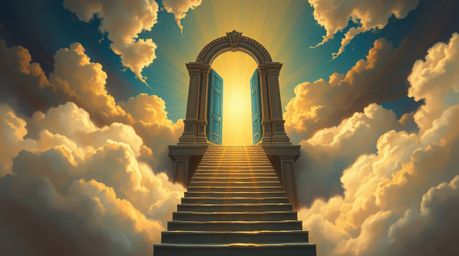 A captivating fantasy realism painting depicts a heavenly gate soaring above a sea of clouds.  Golden light cascades down the