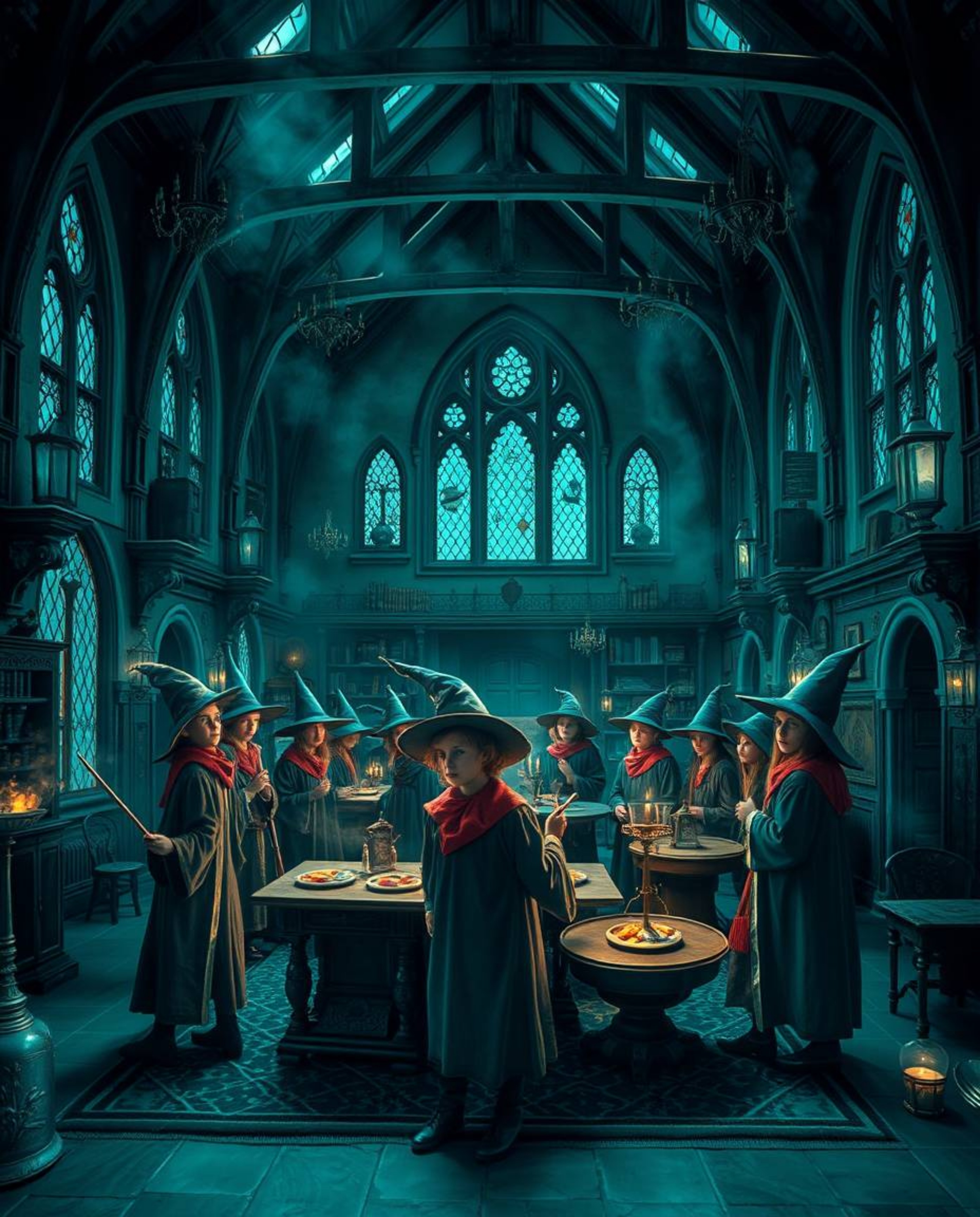 Immerse yourself in a scene of pure enchantment: a magical school teeming with young wizards, rendered in a rich, deep teal h