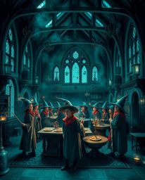 Immerse yourself in a scene of pure enchantment: a magical school teeming with young wizards, rendered in a rich, deep teal h