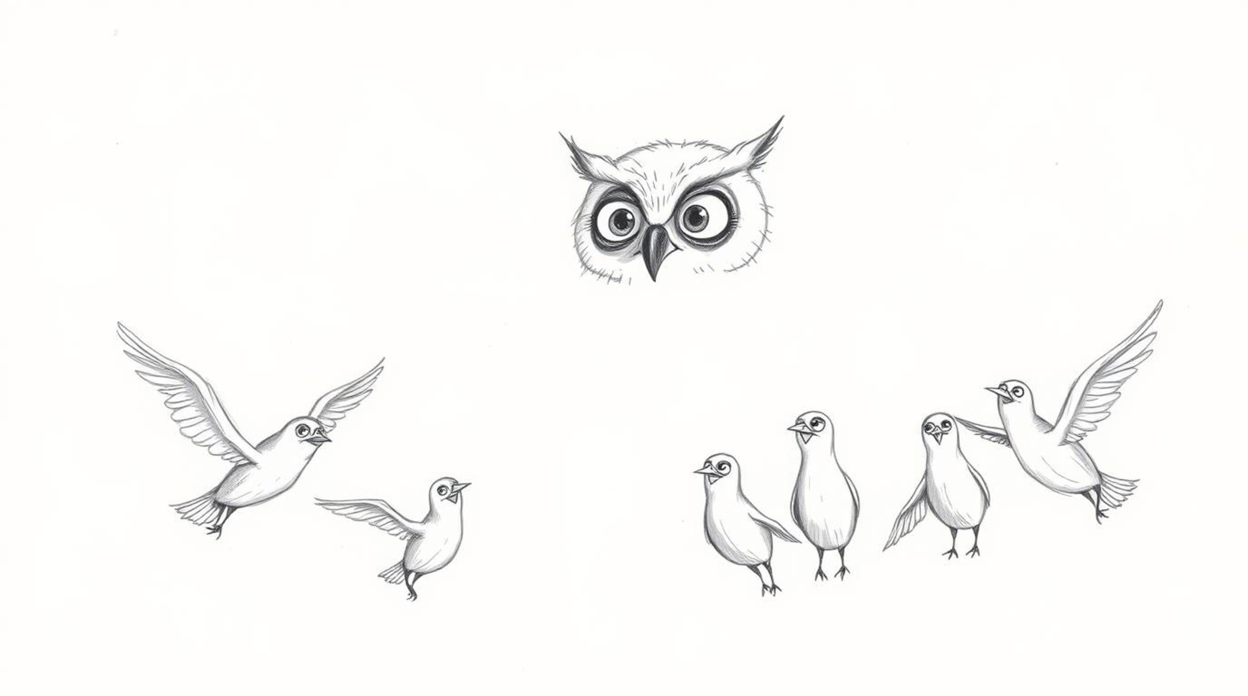 A heartwarming hand-drawn sketch in the style of Pixar portrays a blind owl with soft feathers and large, expressive eyes, gu