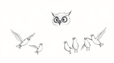 A heartwarming hand-drawn sketch in the style of Pixar portrays a blind owl with soft feathers and large, expressive eyes, gu
