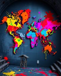 An eerie architectural color photograph featuring a world map crafted from bright, colorful splashes.  The image emphasizes s