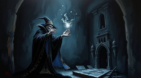This intense, jet black oil painting depicts a classic Disney villain casting a powerful spell within the walls of an old cas