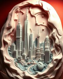 This unique sculptural clay art piece depicts a glitchy digital landscape featuring distorted skyscrapers and static noise.  