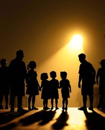 A breathtaking silhouetted and back-lit fine art photograph capturing a heartfelt family reunion in the iconic Pixar style. E