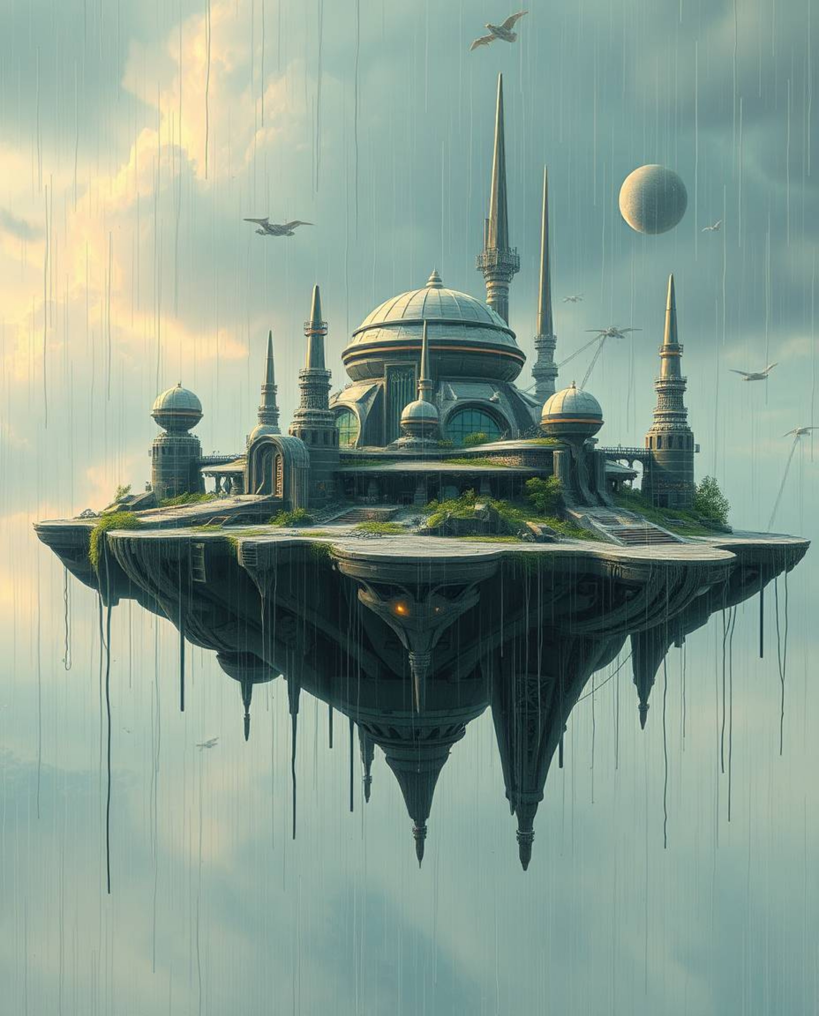 Explore a futuristic, sci-fi depiction of a surreal floating island featuring strange architecture, rendered in a wet and rai