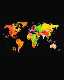 An intense jet-black hand-drawn sketch featuring a world map constructed from vibrant colorful splashes in a sketchnote style