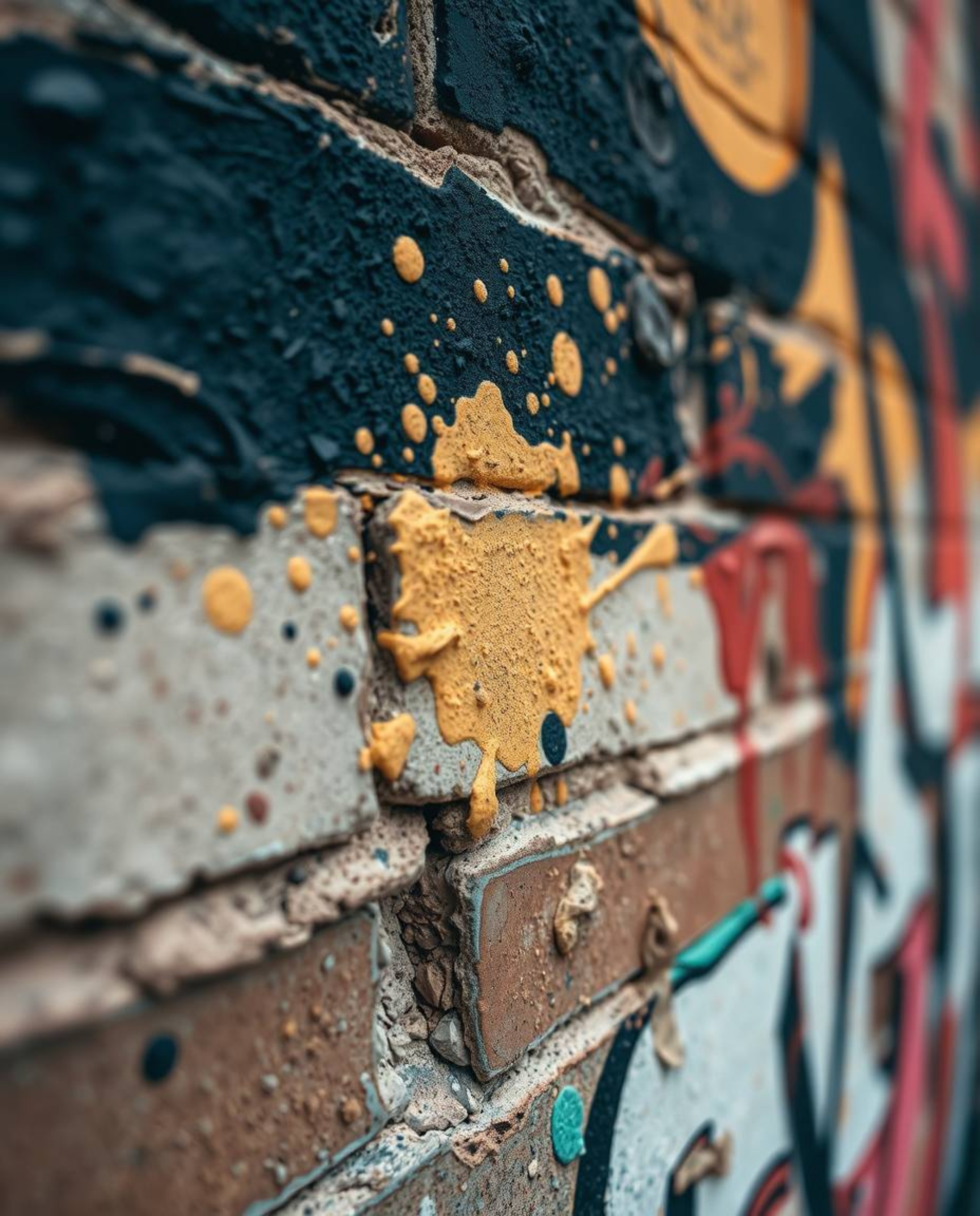 A stunning extreme macro photograph captures the vibrant detail of graffiti-style colorful splashes on a rustic brick wall.  